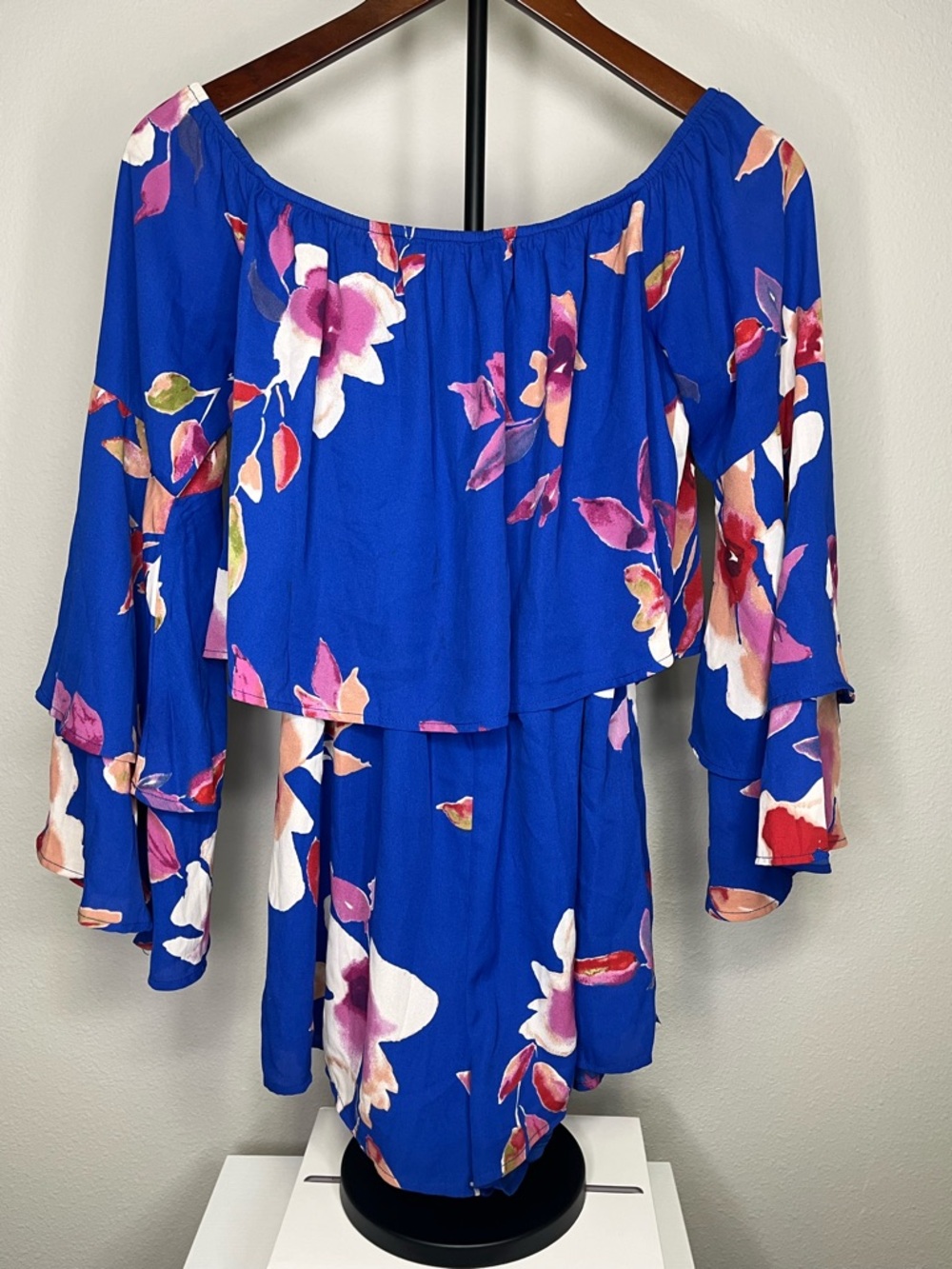 Pink Lily Cobalt Blue Floral Off-Shoulder Romper